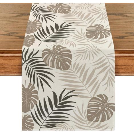 Tischläufer 40x140 cm abwaschbar mit Blattmuster, Landhausstil, Beige-Schwarz