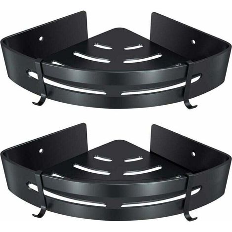Eckregal fürs Badezimmer, kein Bohren erforderlich, Aluminium, selbstklebend, für Shampoo, Seife und Handtücher, mit Haken (dreieckig, schwarz, 2 Stück) (1/4)