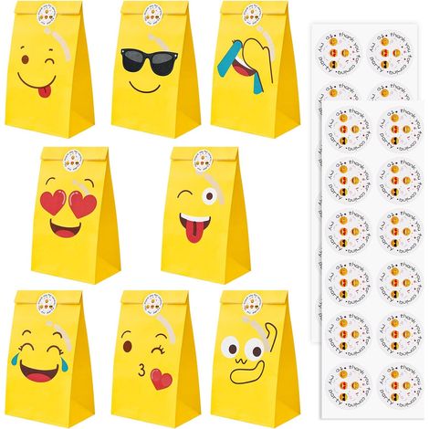 24 pezzi Emoji Candy Bags, sacchetti regalo di carta con 24 adesivi, piccoli sacchetti di caramelle di compleanno, 8 modelli di sacchetti regalo di carta, per imballaggio, biscotti, fudge, festa, matr (1/5)