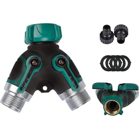 2-Wege-3/4"-Wasserhahnverteiler, Gartenschlauchverbinder mit separaten Ein-/Aus-Ventilen, Wasserhahnadapter mit 2 Anschlüssen und 4 Gummidichtungen (1/4)