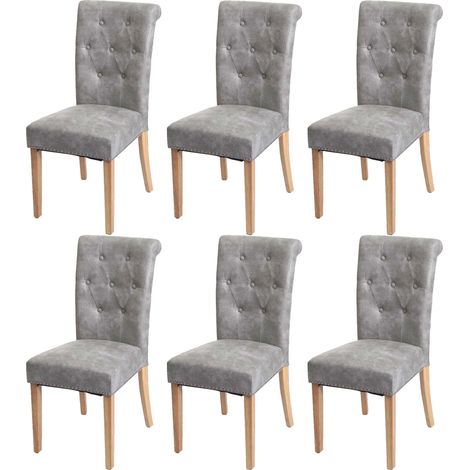 6er-Set Esszimmerstuhl Chesterfield II, Stuhl Küchenstuhl, Nieten Stoff/Textil hellgrau, helle Beine
