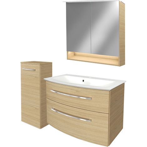 Fackelmann B.STYLE Badmöbel Set mit Waschbecken mit Unterschrank 80 cm breit – Spiegelschrank Bad mit Beleuchtung und Midischrank in Holz braun – Badezimmermöbel hängend in Sandeiche Holzoptik"-"90182 (1/5)
