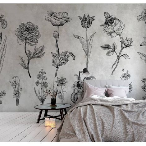 Papier peint panoramique noir et blanc pour bureau | Tapisserie panoramique florale vintage | Papier peint panoramique roses et lys  - 270 x 500 cm (5 pièces) (1/5)
