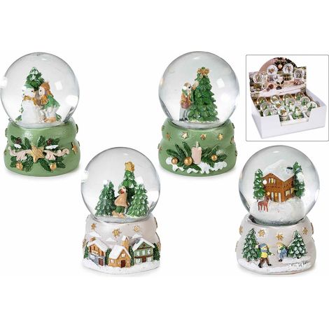 Palle a neve con glitter e decorazioni con paesaggio natalizio e base in resina, con dettagli dorati .In espositore da 12 pezzi, set da 12 pezzi