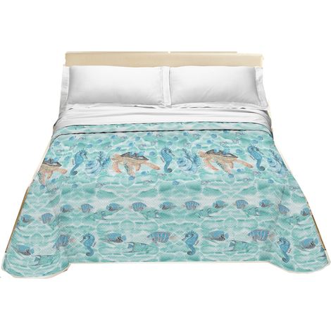 Copriletto estivo made in Italy 100% cotone piquet 3 misure sealife Turchese - 1 Piazza