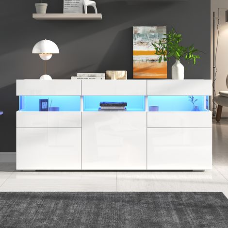 Credenza 140x40.5x66.5cm Superficie lucida Striscia LED controllabile App Pannello truciolato Bianco (1/5)