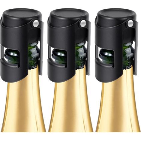 Set di 3 tappi per champagne in acciaio inox, a chiusura ermetica, per preservare la freschezza del vino spumante. (1/5)