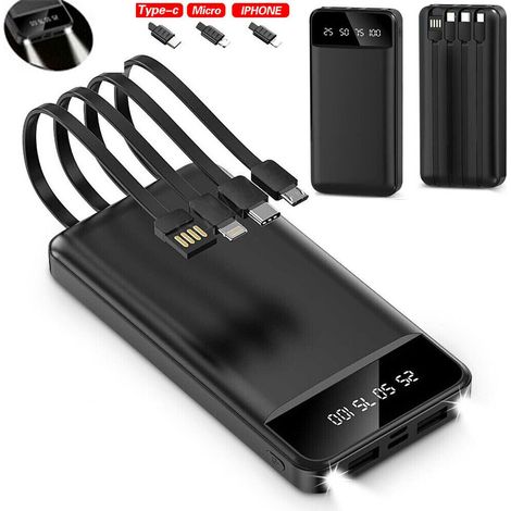 FLITI 30000mAh Power Bank with Fast Charging, 3 Built-in Cables, and 2 USB Ports for iPhone, Samsung, Huawei (1/5)
