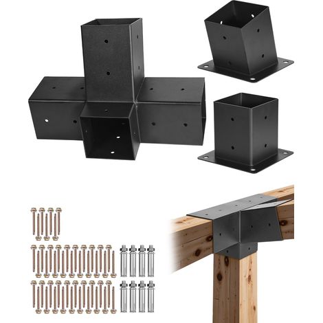 Kit Support de Pergola, Lot de 3, Support de Poteau Bois 92x92 mm, Supports d'Angle 4 Voies, avec Base de Poteau, Base Murale, pour Poutres Bois Standard Toit Incliné, Banquet Fête en Plein Air (1/5)