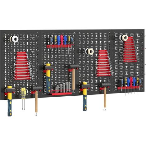 4 panneaux muraux de rangement, 38 pièces par panneau, 60 x 40 cm, avec crochets et étagères, noir et rouge (1/5)