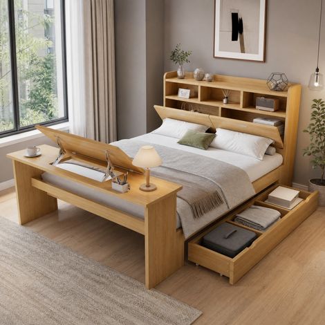Lit avec tiroirs 140x200 bois naturel, table pliable HAVRYA (1/5)