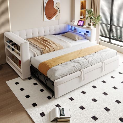 Canapé lit rembourré 90/180x190cm, éclairage LED, prises électriques, grand rangement, lit multifonctionnel beige, lit simple (sans Matelas) (1/5)