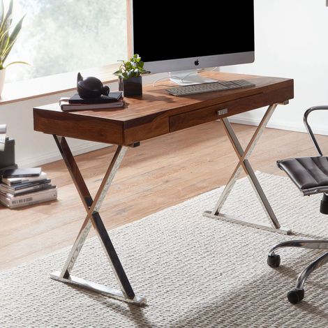 Bureau 1 tiroir 120x55x78 cm en bois de sheesham massif pieds argentés (1/5)