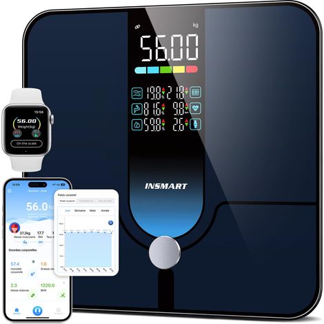 Pese Personnes, Balance Pese Personne avec grand écran (7 données), Bluetooth Balance Connectée pour visualiser 18 données corporelles via l'App, Balance 30x30cm Charge maximale 227KG/500lb (1/5)