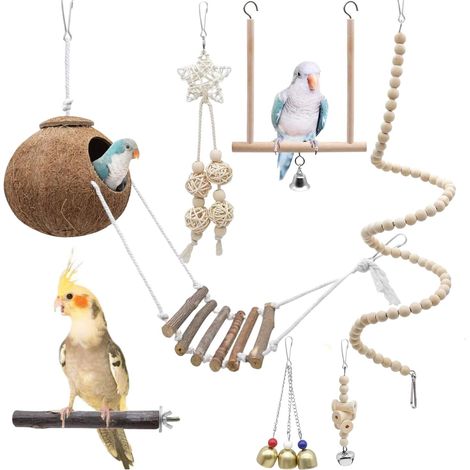 Kit de 7 Jouets pour Oiseaux en Bois Naturel et Noix de Coco pour Perroquets et Perruches (1/5)