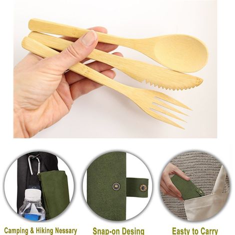 Set de couverts en bambou : baguettes, cuillère, fourchette avec boîte de rangement pour pique-nique, barbecue et extérieur (1/4)