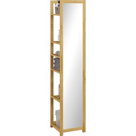 6-stufiger Badezimmerschrank aus Bambus mit Spiegel, 6 Ablagen, naturfarben, 35 cm (B) x 35 cm (T) x 168 cm (H)