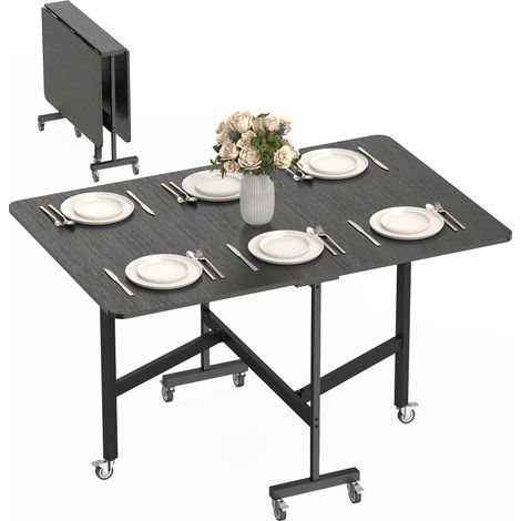 Tavolo Pieghevole per 4-6 Persone con 2 Ribalte e Ruote con Freno, 120x80x73 cm, Nero Effetto Legno