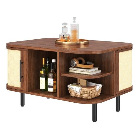 Tavolino da caffè, tavolino laterale, forma curva, superficie intrecciata, struttura in MDF, maniglie in metallo, gambe in metallo, vano contenitore, tavolo da soggiorno (1/5)