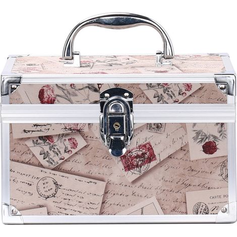 Boîte de rangement cosmétique portable avec serrure, idéale pour ranger bijoux et accessoires de maquillage.