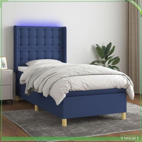 Sommier tapissier - 3139163 - Matelas 90x190 cm - Bande LED colorée - Tissu bleu (1/5)