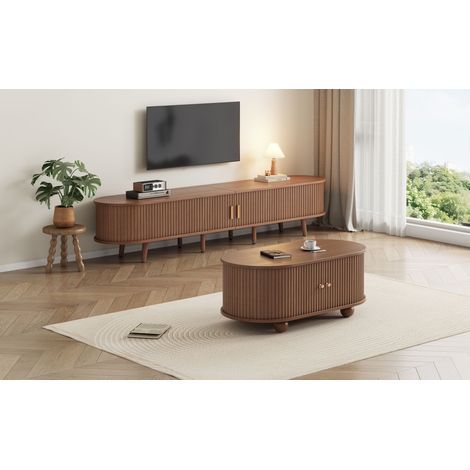 Ensemble meuble TV bas avec rangement + table basse, combinaison noyer teinte bois naturel, panneaux MDF, lot de 2 pièces pour salon (1/5)