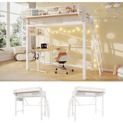 Letto a soppalco in metallo bianco 90 x 200 cm con ripiani, spazio aperto, senza materasso (1/5)