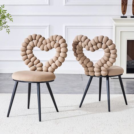 Chaises de salle à manger en velours camel (lot de 2) – Dossier ajouré triangulaire, pieds en métal noir laqué, robustes pour salles à manger, vestiaires et salons