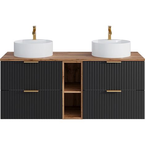 Mobile per bagno sospeso con scanalature nicchie lavabo doppio appoggio tondo L140cm Nero naturale chiaro - ZEVARA