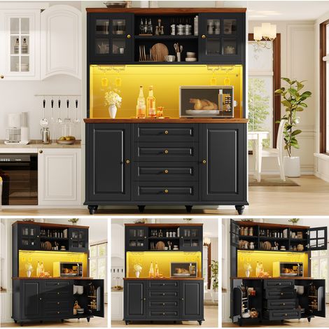 Highboard Küchenschrank mit RGB-LED-Beleuchtung, verstellbaren Böden, Metall-Weinglashalter, MDF-Korpus, Gummibaumholz-Füße, moderner Aufbewahrungsschrank für Küche und Wohnzimmer, Schwarz (1/5)