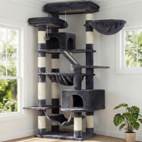 Arbre À Chat, Tour De Griffer 180 cm, 2 Plateformes, 2 Cabanes De Sommeil, 2 Hamacs, Panneau À Griffer. Grand Meuble pour Chats avec Endroit Dormir, Gris Foncé HCT034G (1/5)