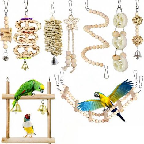 Lot de 8 jouets pour oiseaux avec clochettes, jouets à suspendre et à mâcher en bois naturel, pour perruches, calopsittes et inséparables (1/5)