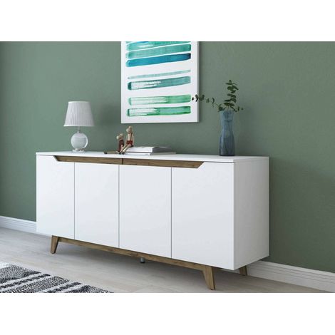 Dmora - Credenza Nusakan, Buffet da soggiorno, Madia da salotto, Dispensa da cucina, 180x45h79 cm, Bianco e Noce, con imballo rinforzato, con imballo rinforzato (1/5)
