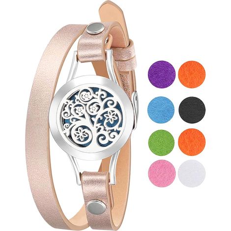 Pulsera difusora de aceites esenciales con imán redondo abierto de árbol de la vida en acero inoxidable con 8 almohadillas de repuesto lavables, ideal como regalo para el Día de la Madre, Navidad y Sa (1/5)