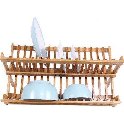 Étagère de Séchage à Deux Niveaux en Bois pour Vaisselle et Couverts, Rack de Drainage Pliable pour Évier de Cuisine