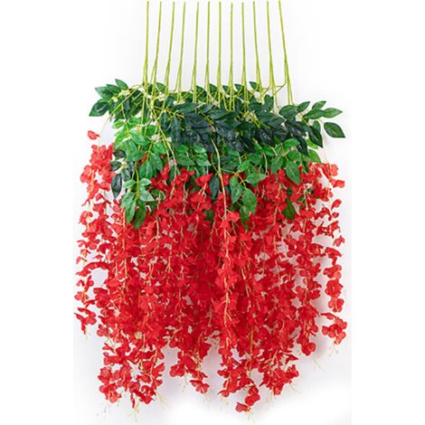 Décoration florale artificielle en soie, 6 feuilles de glycine rouge, idéale pour l'intérieur.