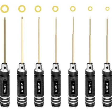 Kit de tournevis hexagonaux hexagonaux 0,9 mm/1,27 mm/1,3 mm/1,5 mm/2,0 mm/2,5 mm/3,0 mm Jeu de clés Allen en titane pour drone de voiture télécommandée, hélicoptère multi-axes, modèles RC (1/5)