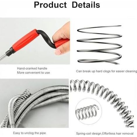 Furet Deboucheur Canalisation Professionnel,5m x 6mm à Manivelle Evier Universelle Sonde de Debouchage Spirale Nettoyage Tuyaux Manuel pour Obstructions Tenaces - (1/5)