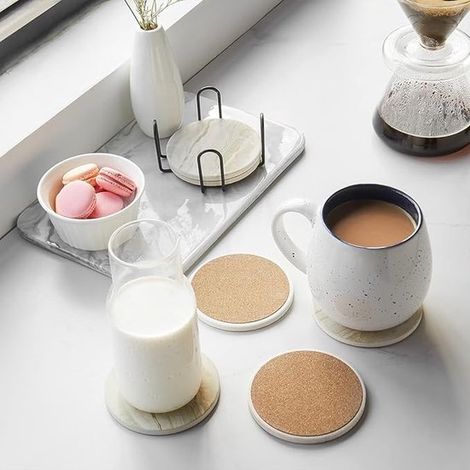 Ensemble de 6 sous-verres effet marbre avec support pour verres, sets de table assortis, support noir, base en liège, métal, diamètre 10,3 cm (1/5)