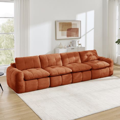 Canapé 4 places modulable en chenille, sans cadre, assise profonde capitonnée, mousse haute densité 32D, Orange, 334 x 97 x 68 cm, sans montage, pour salon et appartement, configuration flexible