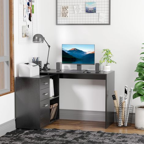 Bureau d'angle pour ordinateur avec 2 tiroirs et étagères ouvertes, bureau d'angle en forme de L en bois et métal, 117 x 83,5 x 76 cm, noir