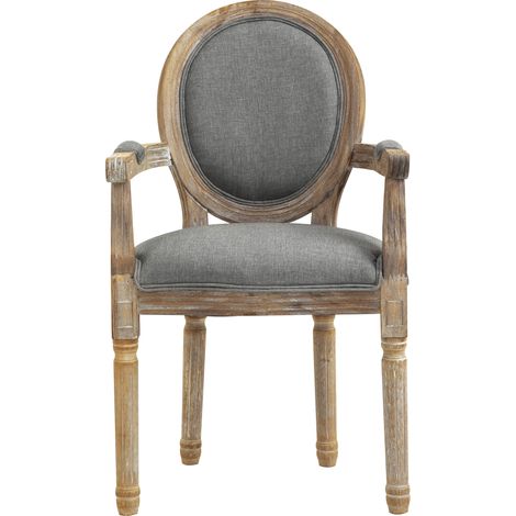Chaise Louis XVI bois massif patiné sculpté, tissu lin gris, médaillon, salon et salle à manger 53x45x92cm