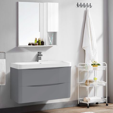 2 Drawer Wall Hung Bathroom Cabinet Vanity Sink Unit with Basin 800mm Gloss Grey (1/5)