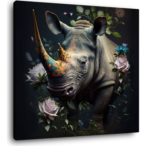 Tableau sur toile rhinocéros fleuri 30x30 cm - Impression sur Toile Murale Décorative - Image imprimée en HD sur Toile - Toile sur Châssis en Bois FSC - Fabriqué en France