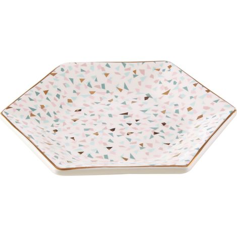 Interiors By Premier Terrazzo Patterned Small Ceramic Dish,Compact Butter Dish With Gold Rim,Geometric White Plate,Glazed Dish (1/3)