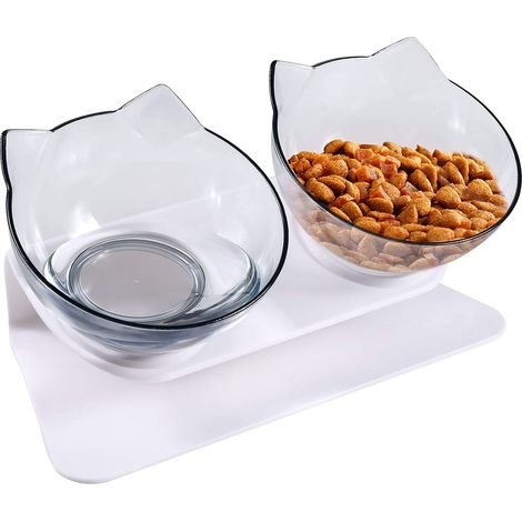 Gamelle Double pour Chat, Gamelle pour Chat, Gamelle Double Surélevée Inclinable à 15°, Distributeur de Nourriture pour Animaux de Compagnie avec Support Surélevé pour Chats et Chiens (2 Transparentes (1/5)