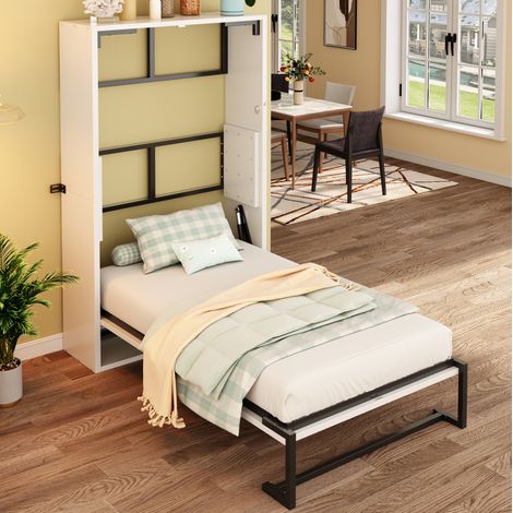 lit adulte mural pliable 90x200 métal bois blanc OKMYHOME