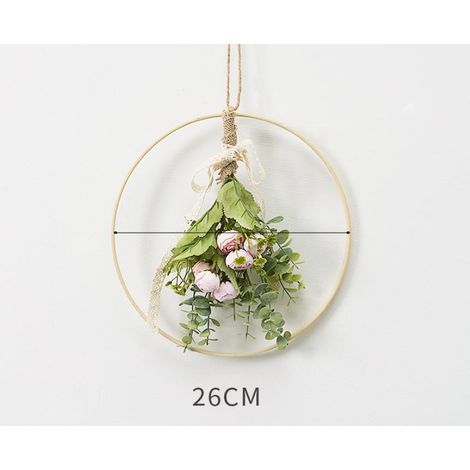 Corolla accrochée au mur, fleurs artificielles, cadre rond - (26 26 3cm) couronne de bourgeons de thé rose (1/2)