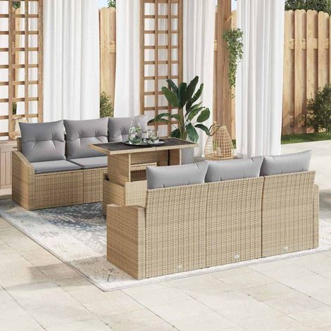 Gartensofa-set mit Kissen 7 pcs Beige und Hellgrau Poly-Rattan (1/5)
