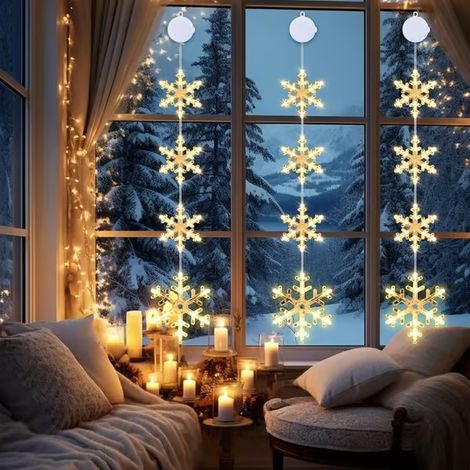 Décoration de Noël pour fenêtre – Ensemble de 3 flocons de neige LED avec éclairage blanc chaud (1/5)